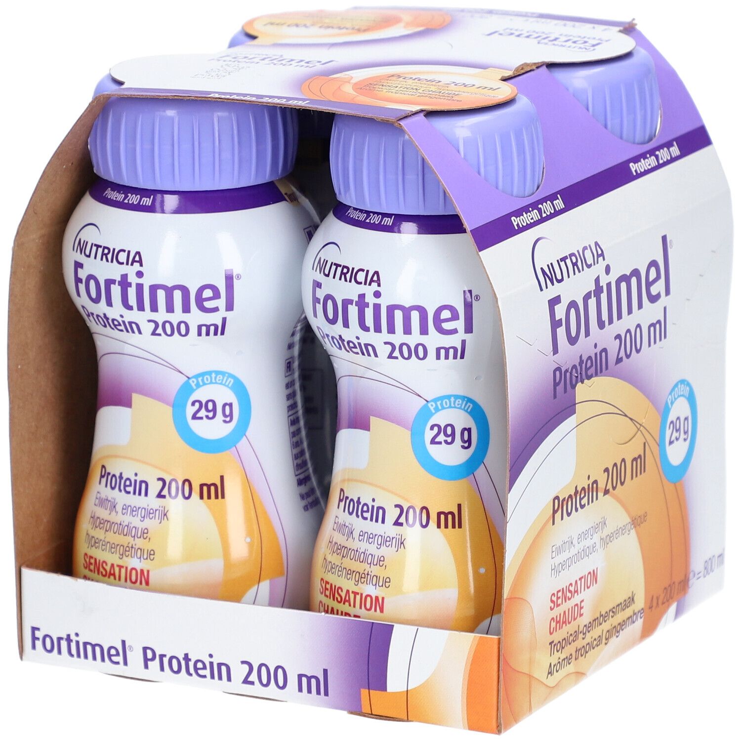 Nutricia Fortimel Protein 200 ml, tropical-gingembre. 2 bouteilles en carton. Contient 29g de protéines. Bouchons violets.