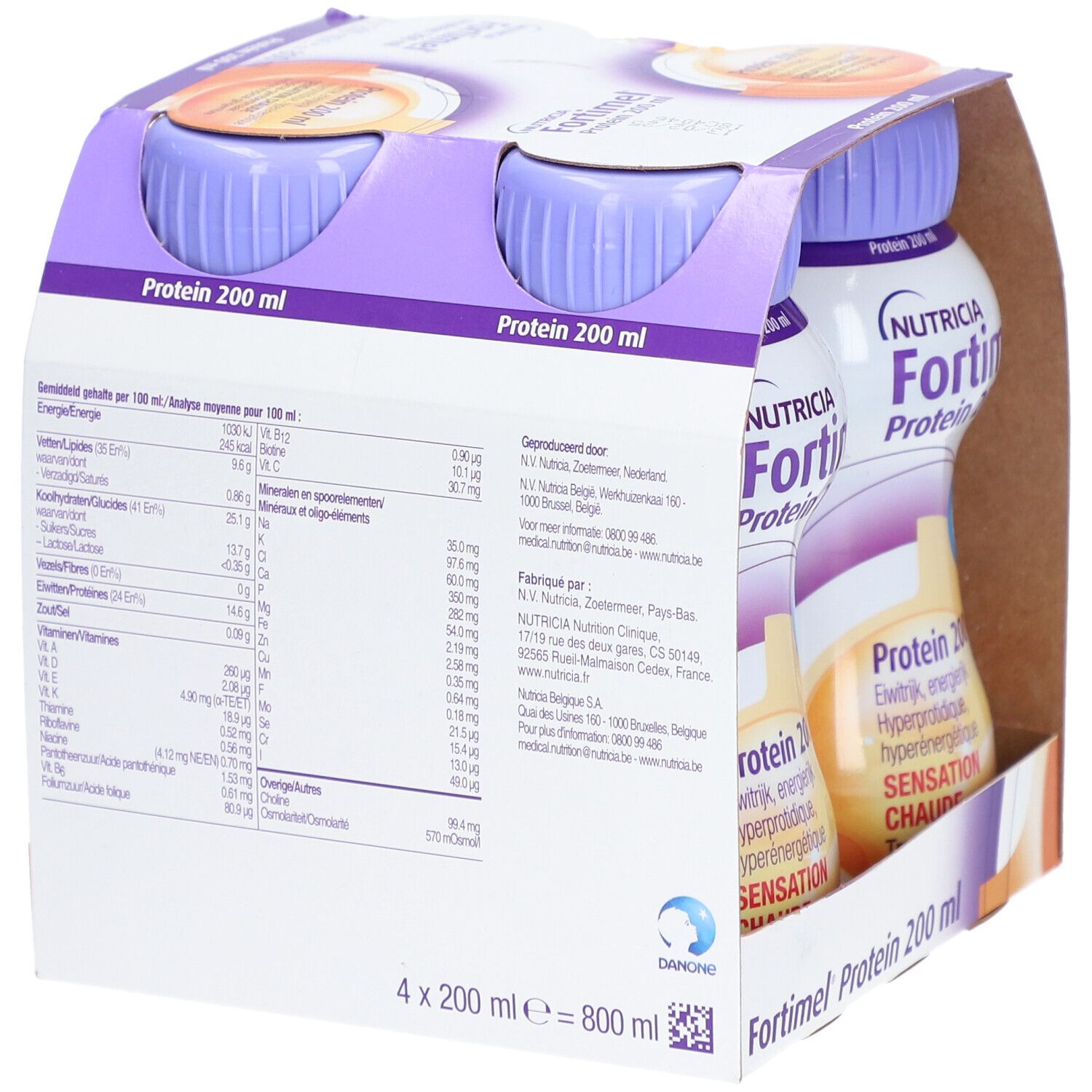 Dos de l'emballage Nutricia Fortimel Protein 200 ml. Contient informations nutritionnelles et fabricant.