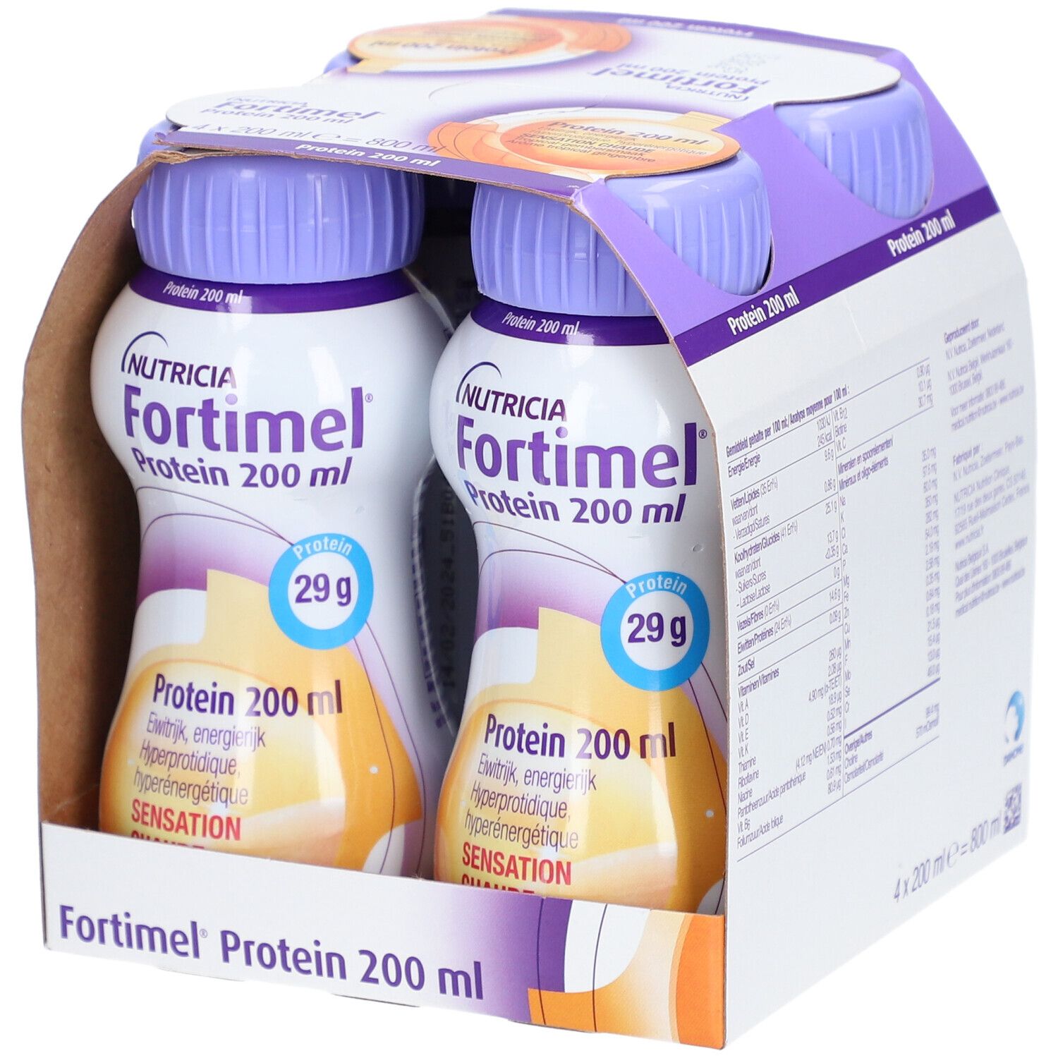 Nutricia Fortimel Protein 200 ml, tropical-gingembre. 2 bouteilles en carton. Contient 29g de protéines. Bouchons violets.