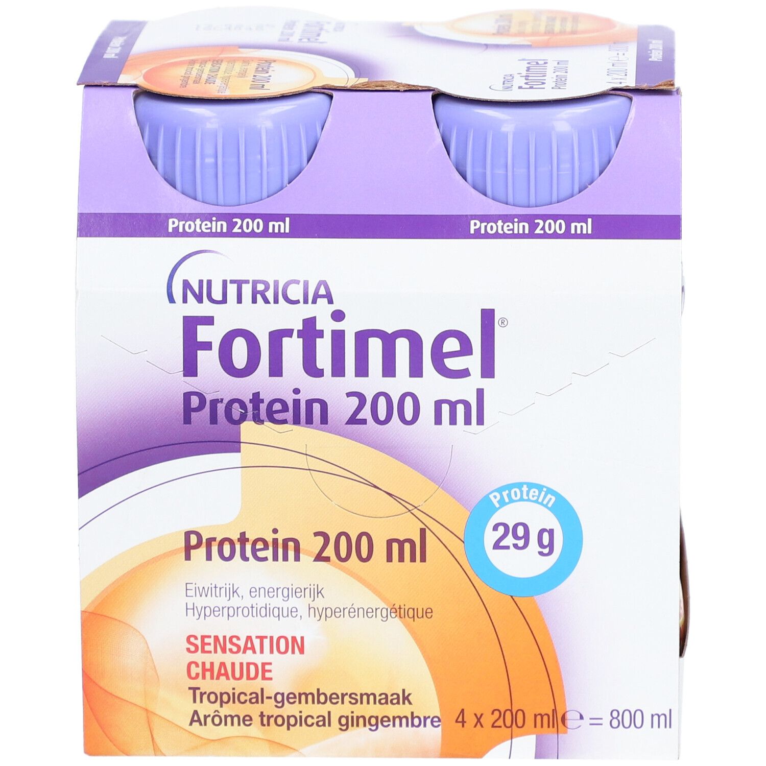 Emballage Nutricia Fortimel Protein 200 ml, tropical-gingembre. Contient 29g de protéines. Bouchons violets, fond jaune-blanc.