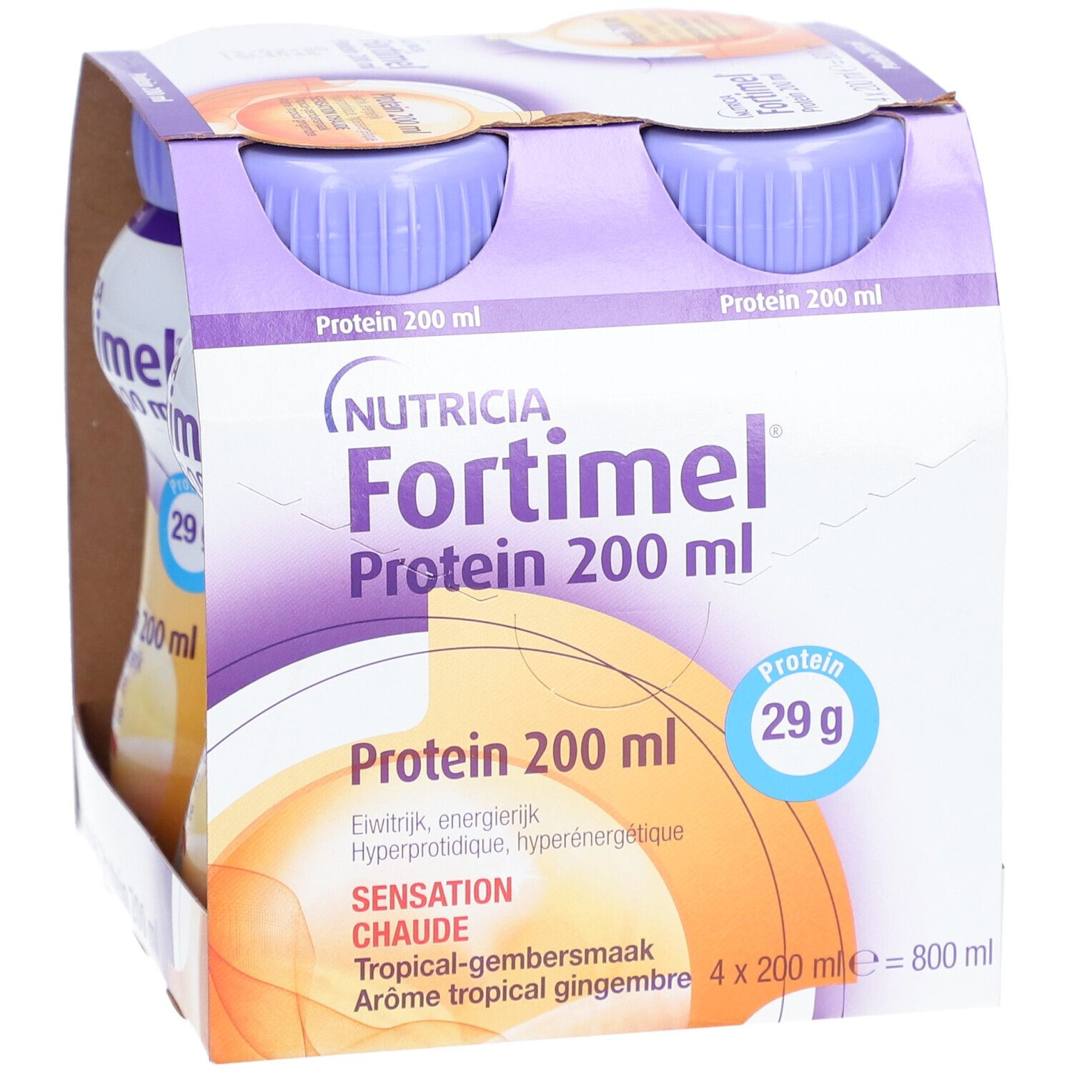 Nutricia Fortimel Protein 200 ml, tropical-gingembre. 4 bouteilles en carton. Contient 29g de protéines. Bouchons violets.