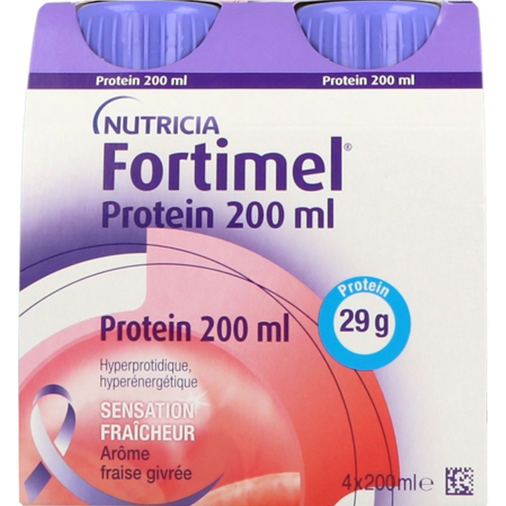 Emballage de quatre bouteilles Nutricia Fortimel Protein Fraise. Chaque bouteille contient 200 ml et 29 g de protéines.