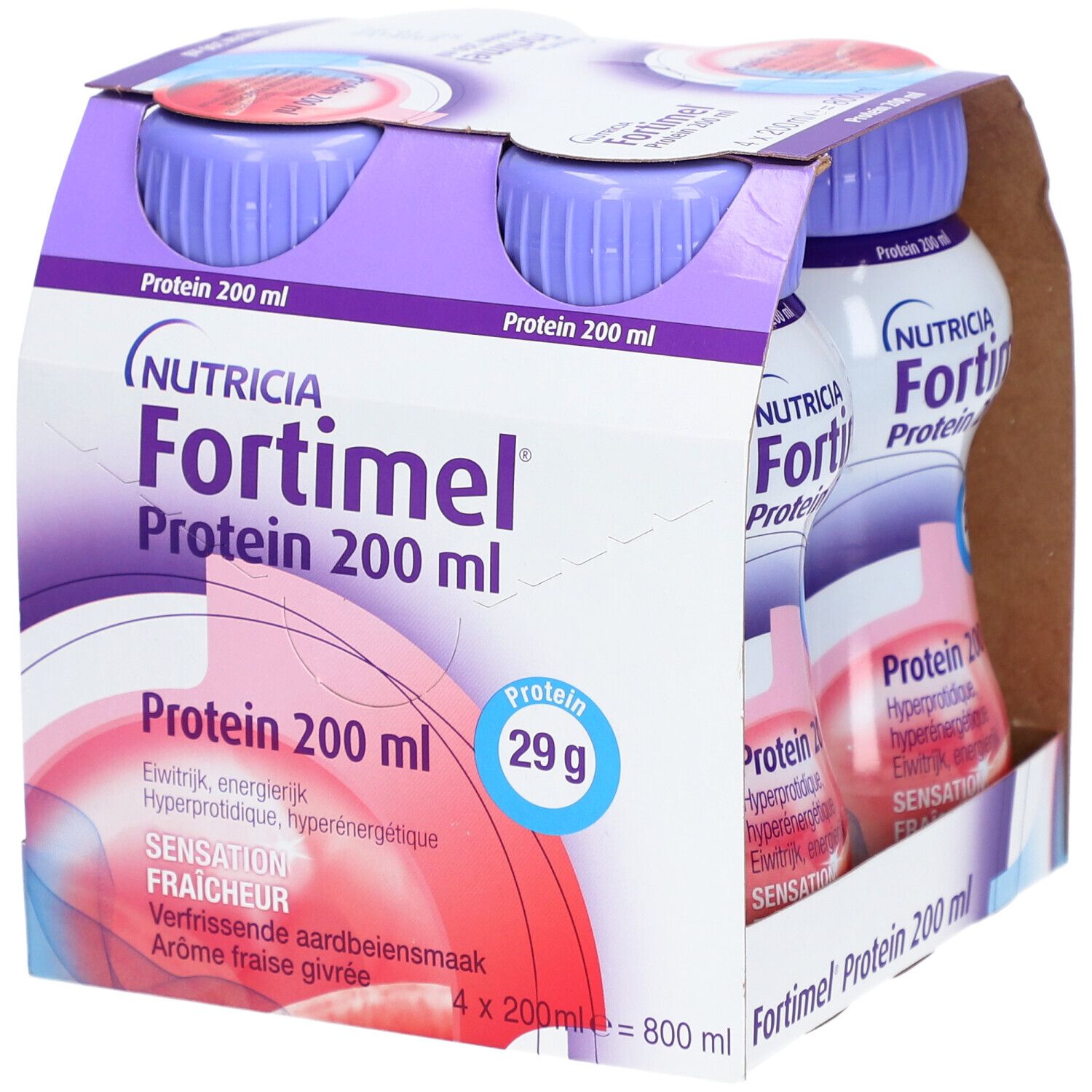 Emballage de quatre bouteilles Nutricia Fortimel Protein Fraise. Bouteilles dans un carton. 200 ml, 29 g de protéines.