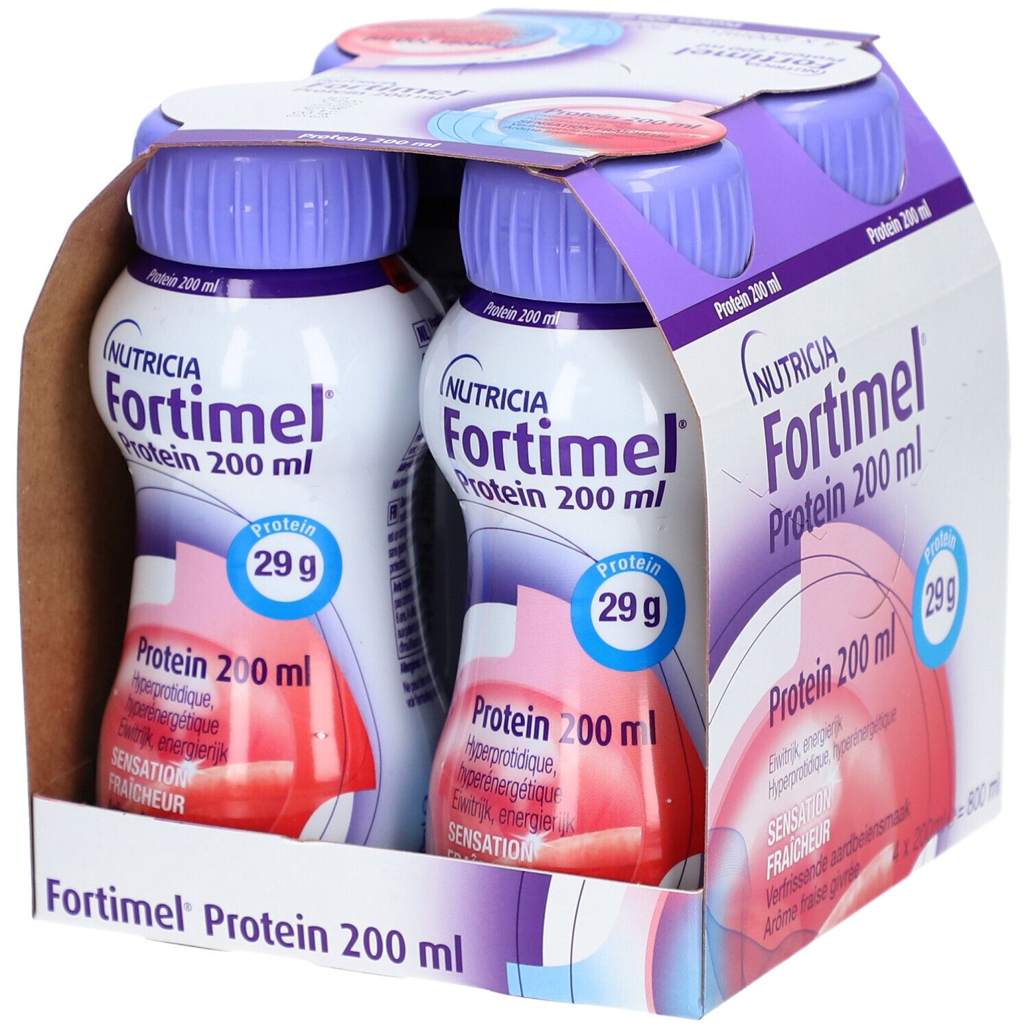 Emballage de quatre bouteilles Nutricia Fortimel Protein Fraise. Bouteilles dans un carton. 200 ml, 29 g de protéines.