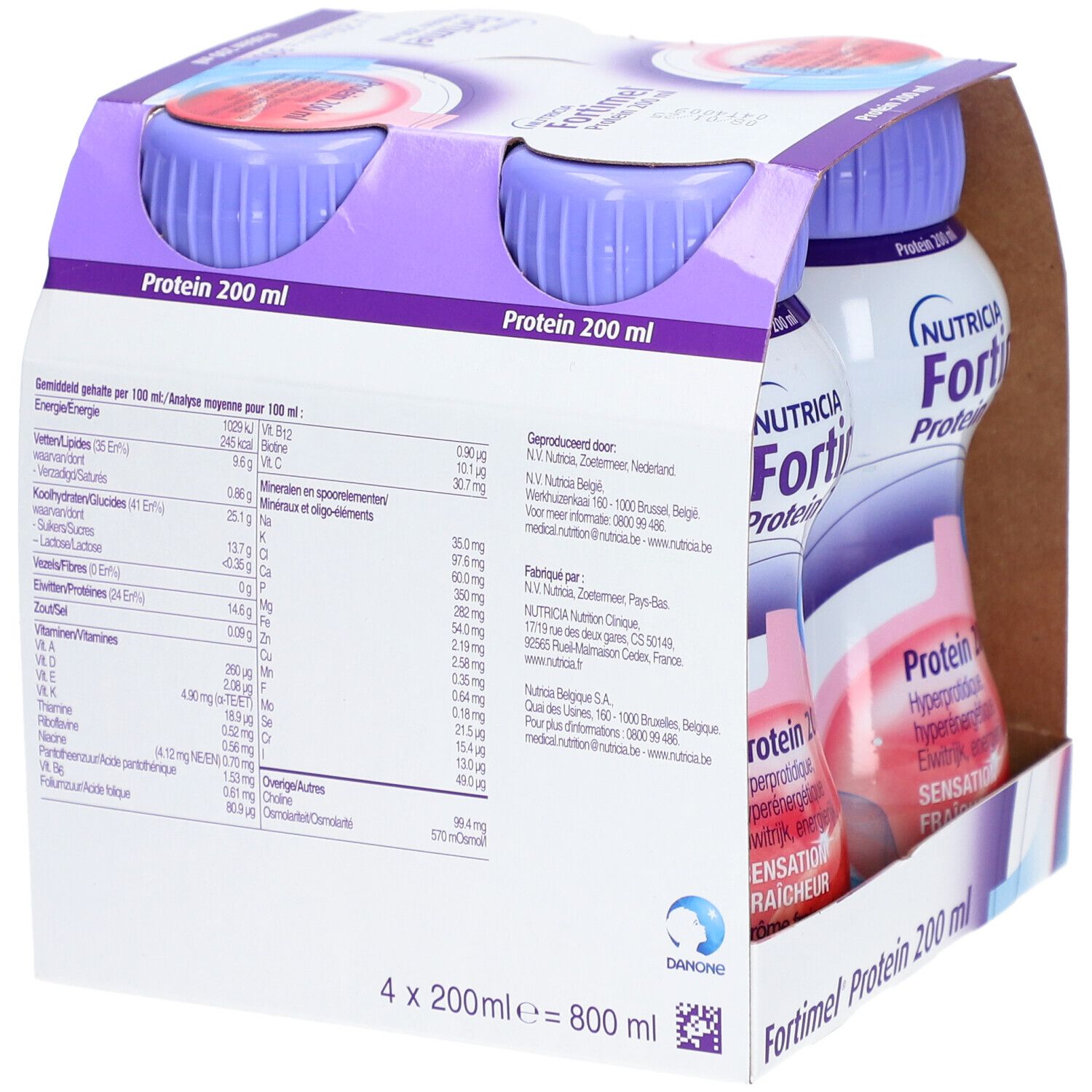 Emballage de quatre bouteilles Nutricia Fortimel Protein Fraise. Bouteilles dans un carton. 200 ml, 29 g de protéines.