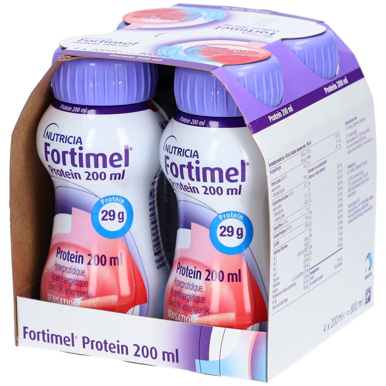 Emballage de quatre bouteilles Nutricia Fortimel Protein Fraise. Bouteilles dans un carton. 200 ml, 29 g de protéines.