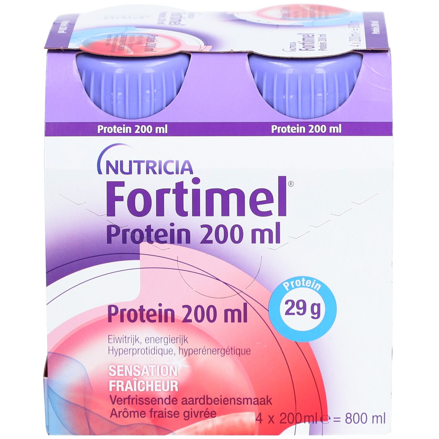 Emballage de quatre bouteilles Nutricia Fortimel Protein Fraise. Chaque bouteille contient 200 ml et 29 g de protéines.