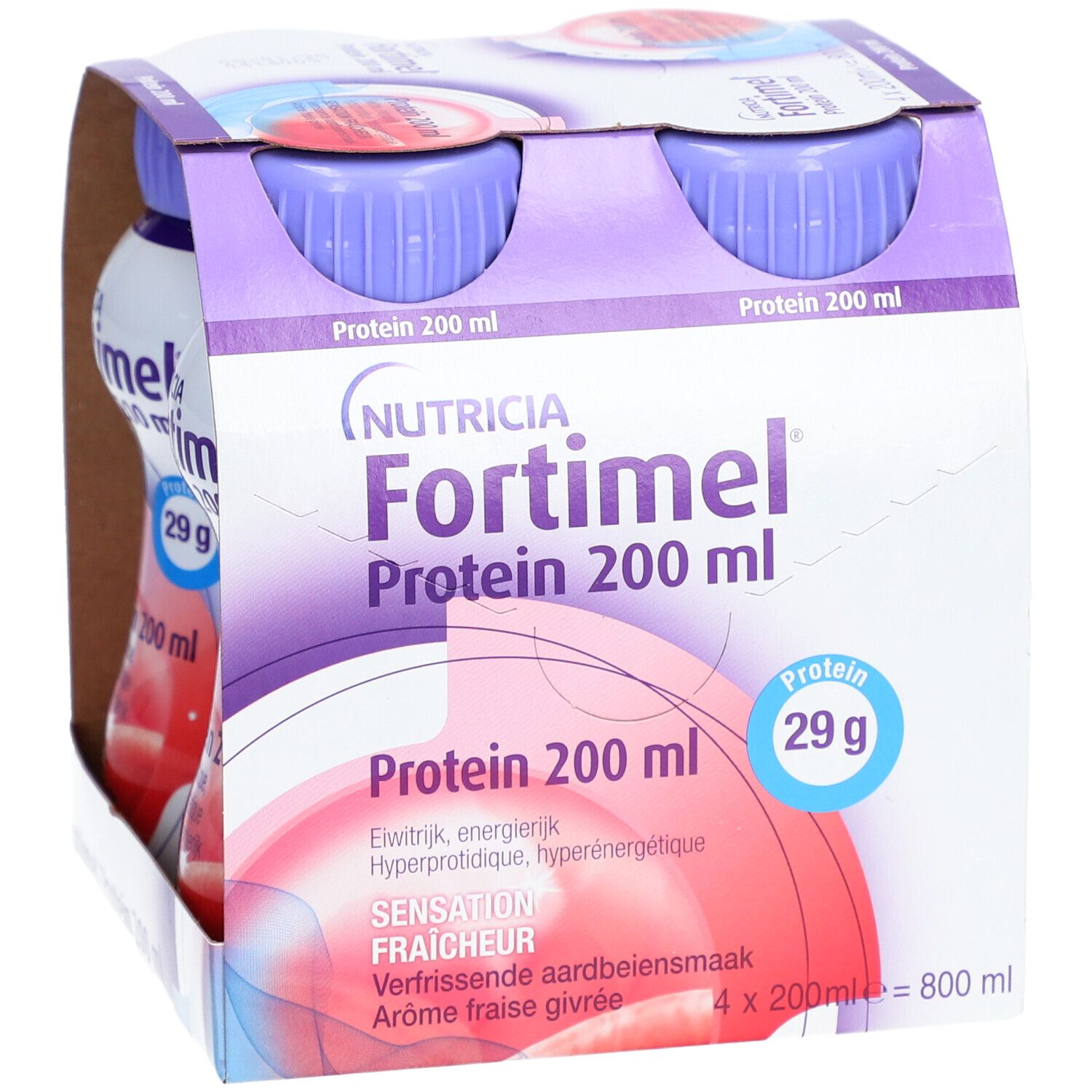 Emballage de quatre bouteilles Nutricia Fortimel Protein Fraise. Bouteilles dans un carton. 200 ml, 29 g de protéines.