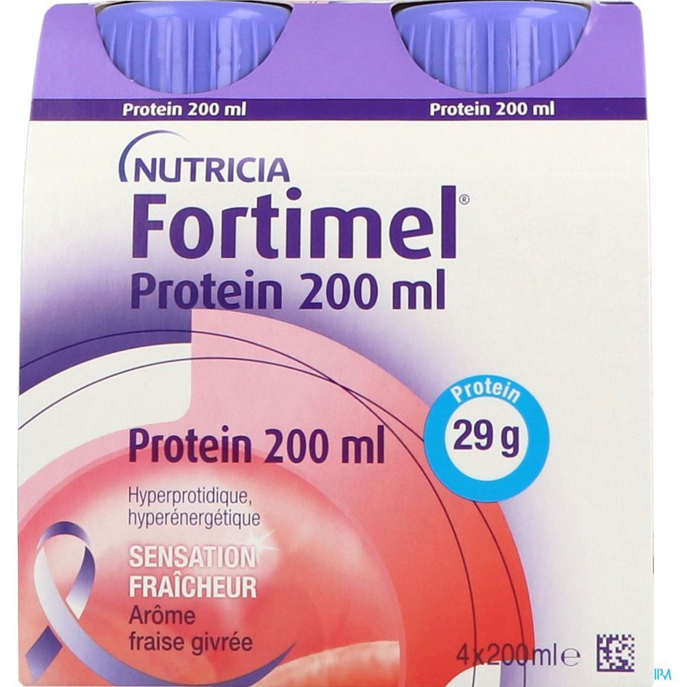 Emballage de quatre bouteilles Nutricia Fortimel Protein Fraise. Chaque bouteille contient 200 ml et 29 g de protéines.