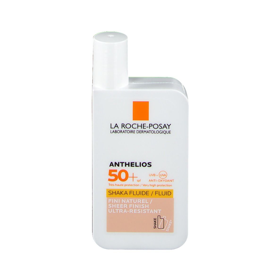Flacon blanc avec carré orange. Inscription: Anthelios 50+ Shaka Fluide. Protection UV et antioxydant.