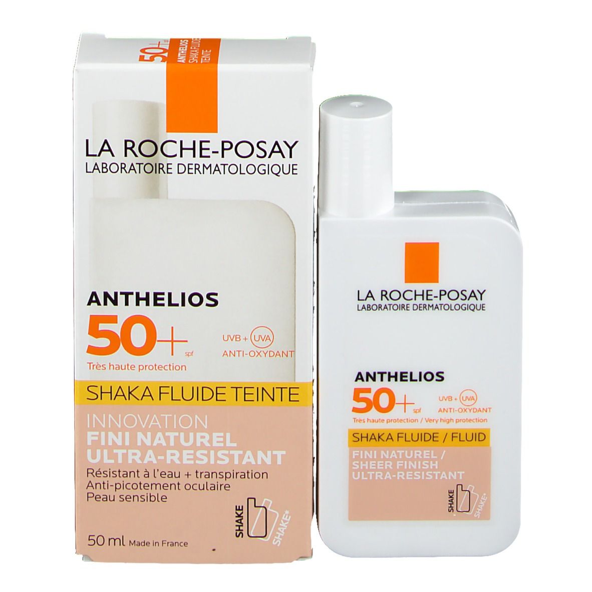 Emballage du produit avec flacon. Inscription: Anthelios 50+ Shaka Fluide Teinté. Avec 50 ml. Protection UV et antioxydant.