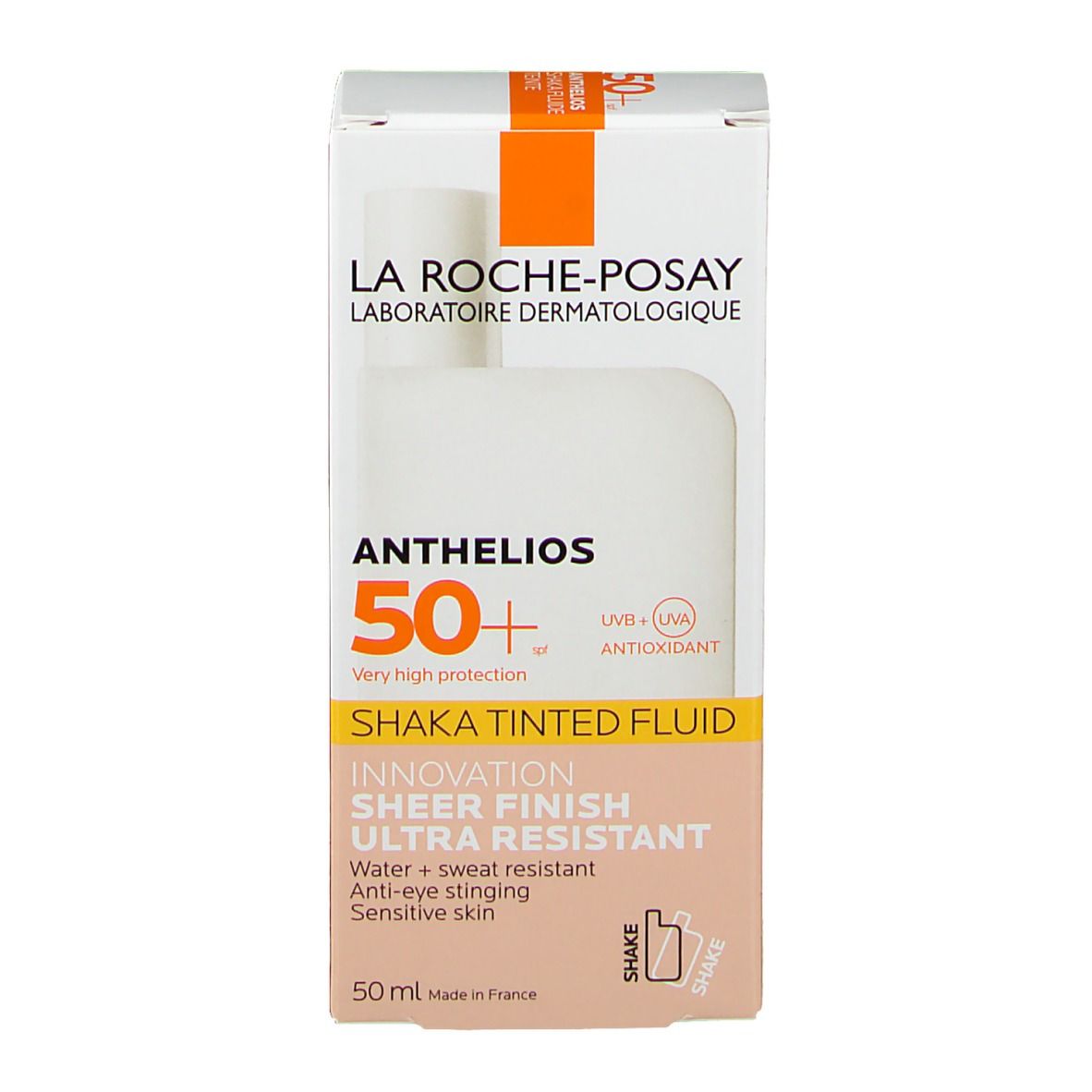 Emballage du produit. Inscription: Anthelios 50+ Shaka Fluide Teinté. Avec 50 ml. Protection UV et antioxydant.