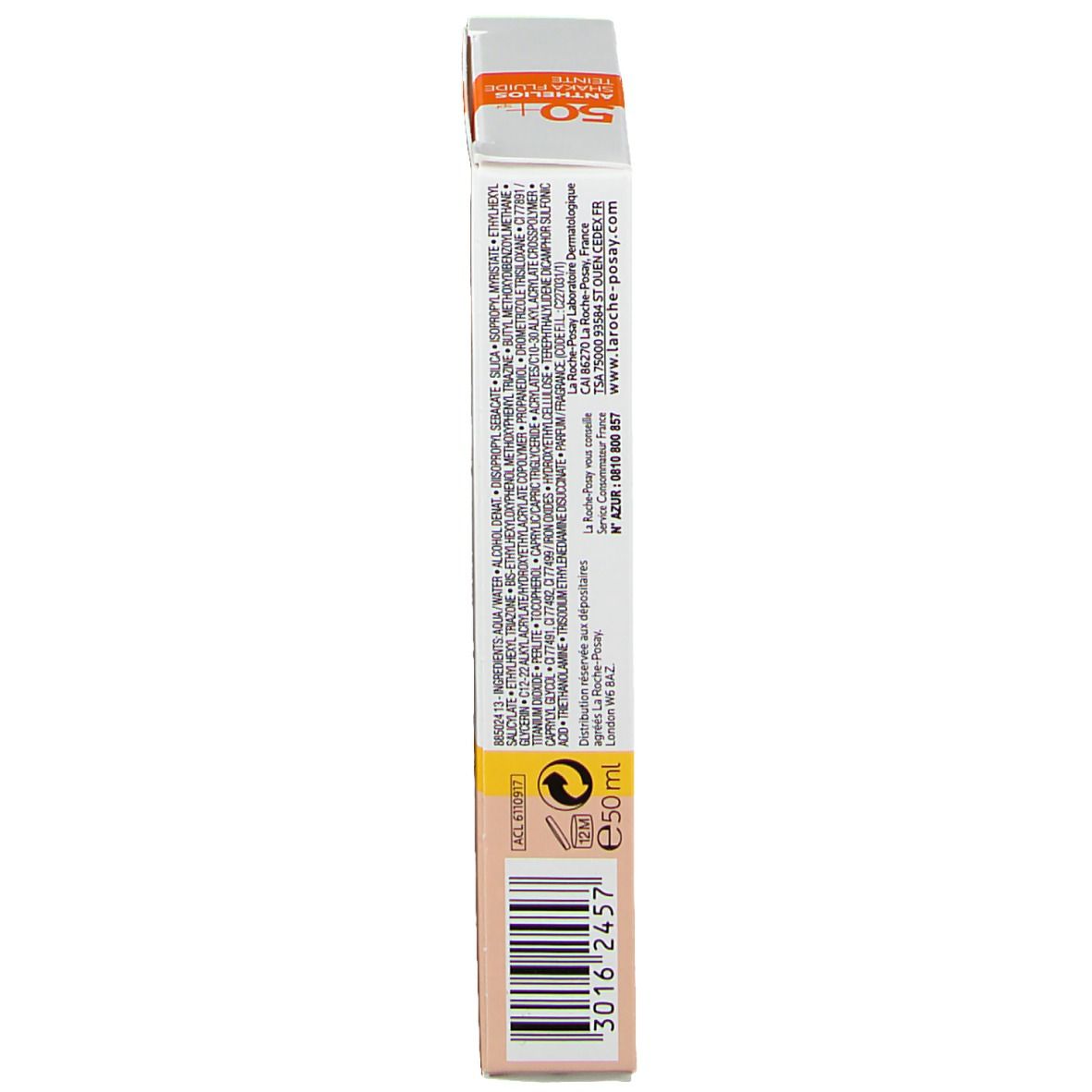 Côté étroit de l'emballage du produit. Ingrédients et coordonnées. Taille: 50 ml.
