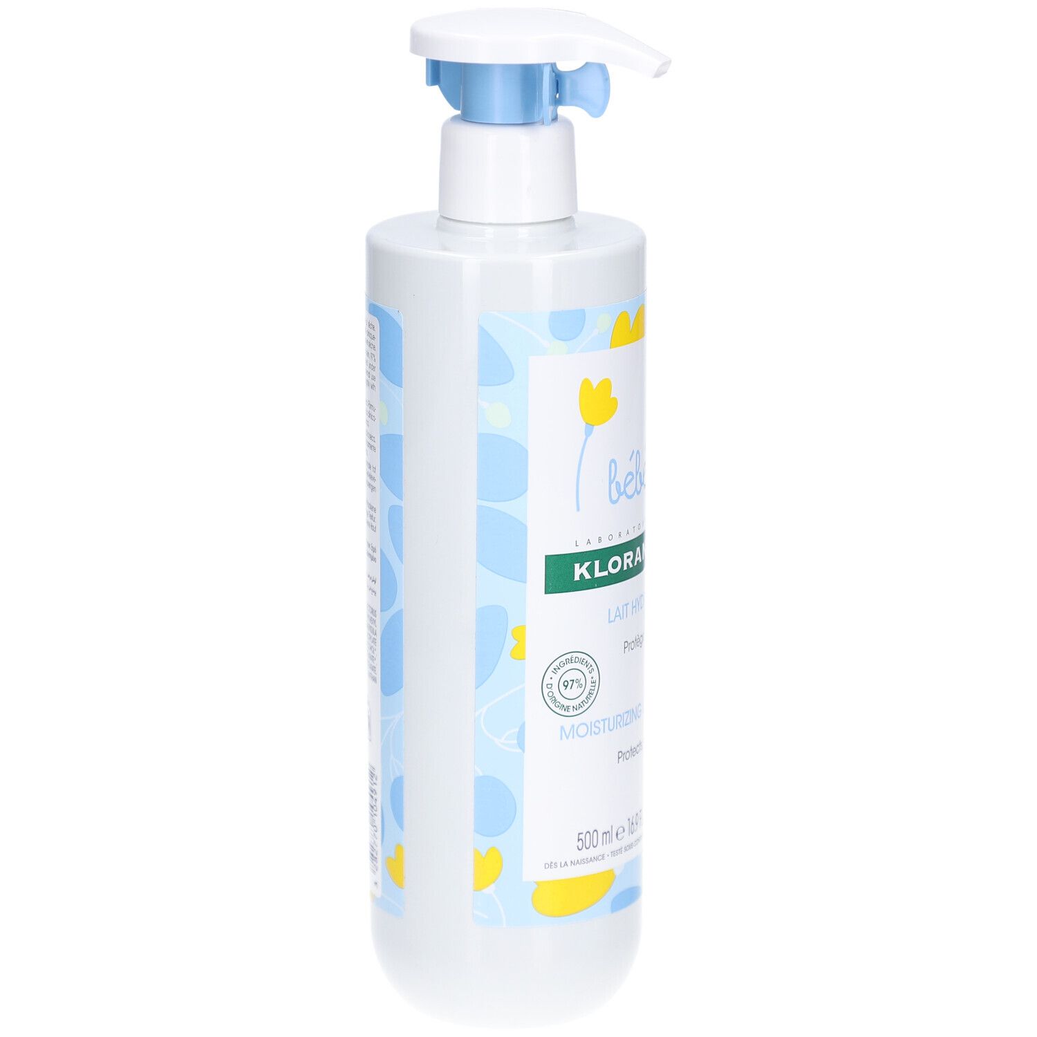 Flacon blanc avec pompe bleue. Texte latéral et motifs floraux jaunes et bleus.