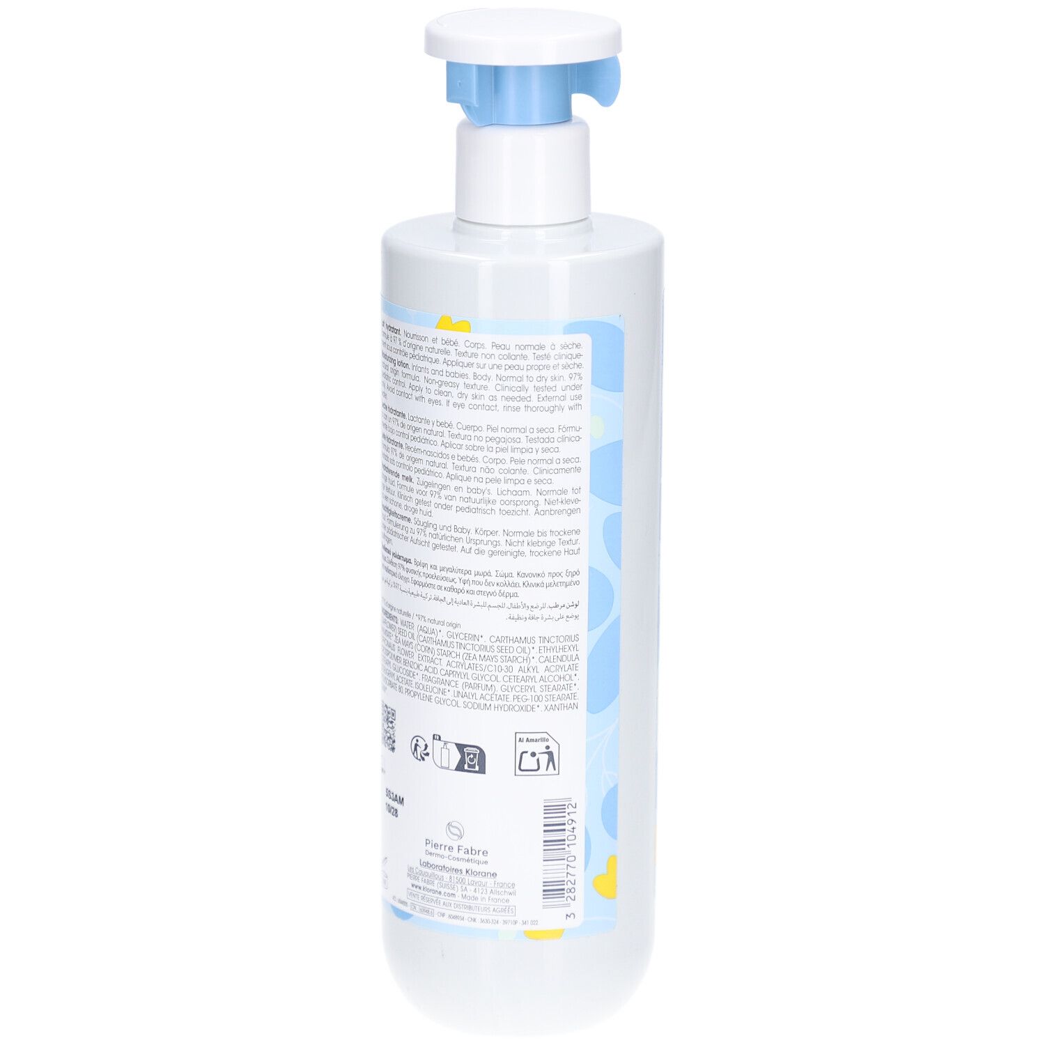 Flacon blanc avec pompe bleue. Dos avec texte, logos et code-barres.