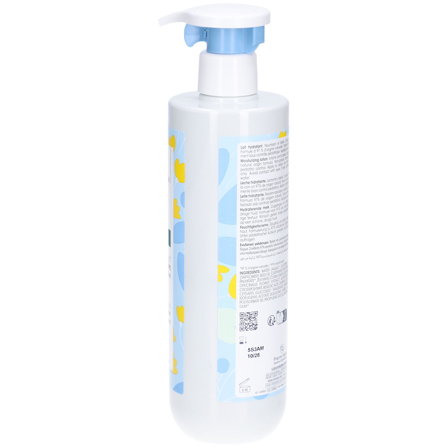 Flacon blanc avec pompe bleue. Dos avec texte, code QR et code-barres.