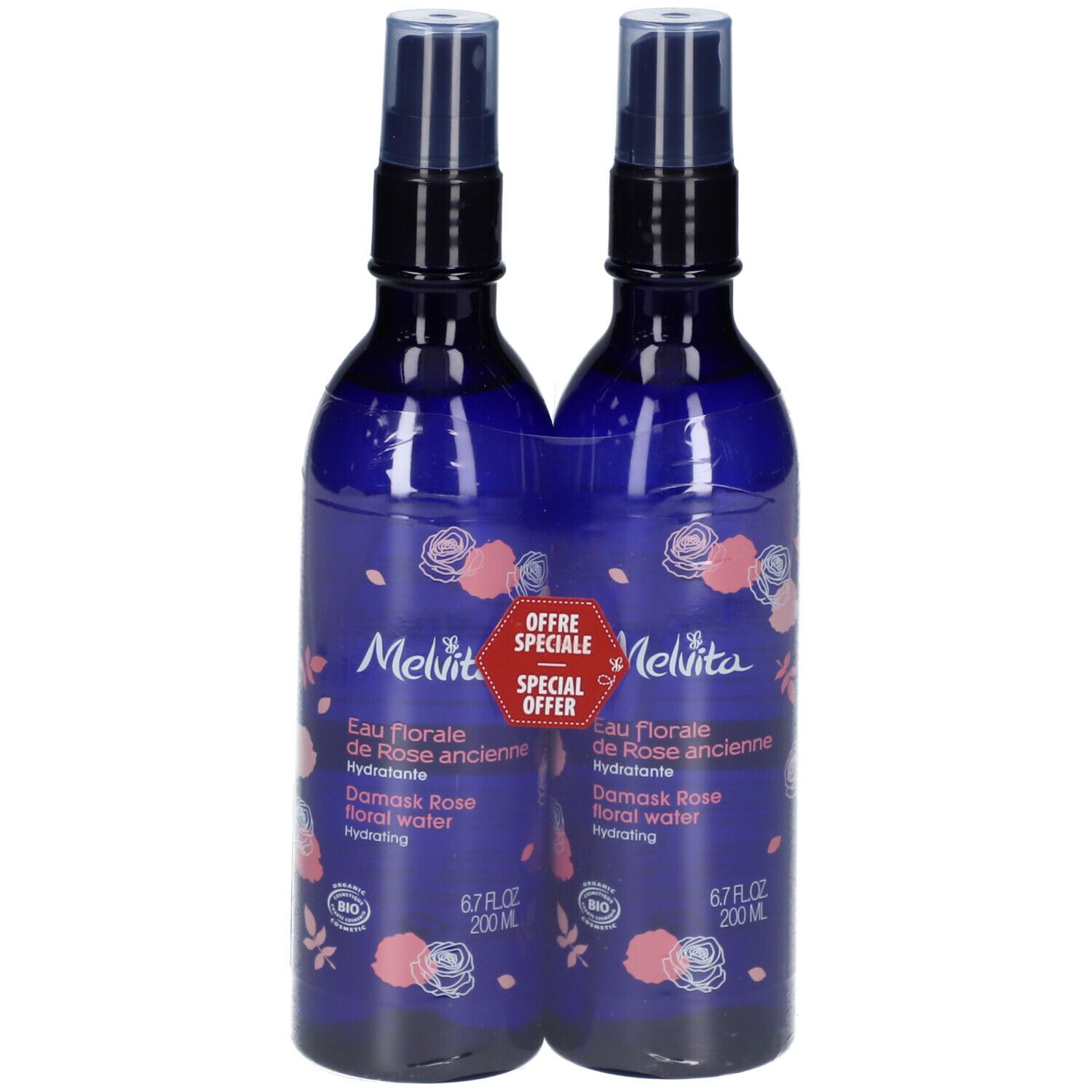 Deux flacons bleus avec logo Melvita et étiquette. Inscription : Eau florale de Rose ancienne, 200 ml. Offre spéciale.