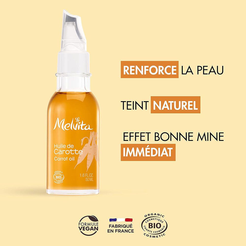 Flacon avec textes : « Renforce la peau », « Teint naturel », « Effet bonne mine ». Logo vegan, certification BIO.