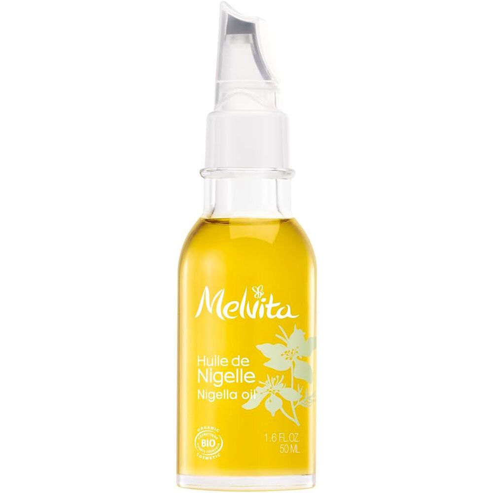 Flacon en verre avec liquide jaune et pompe. Inscriptions Melvita, Huile de Nigelle, et logo Bio.