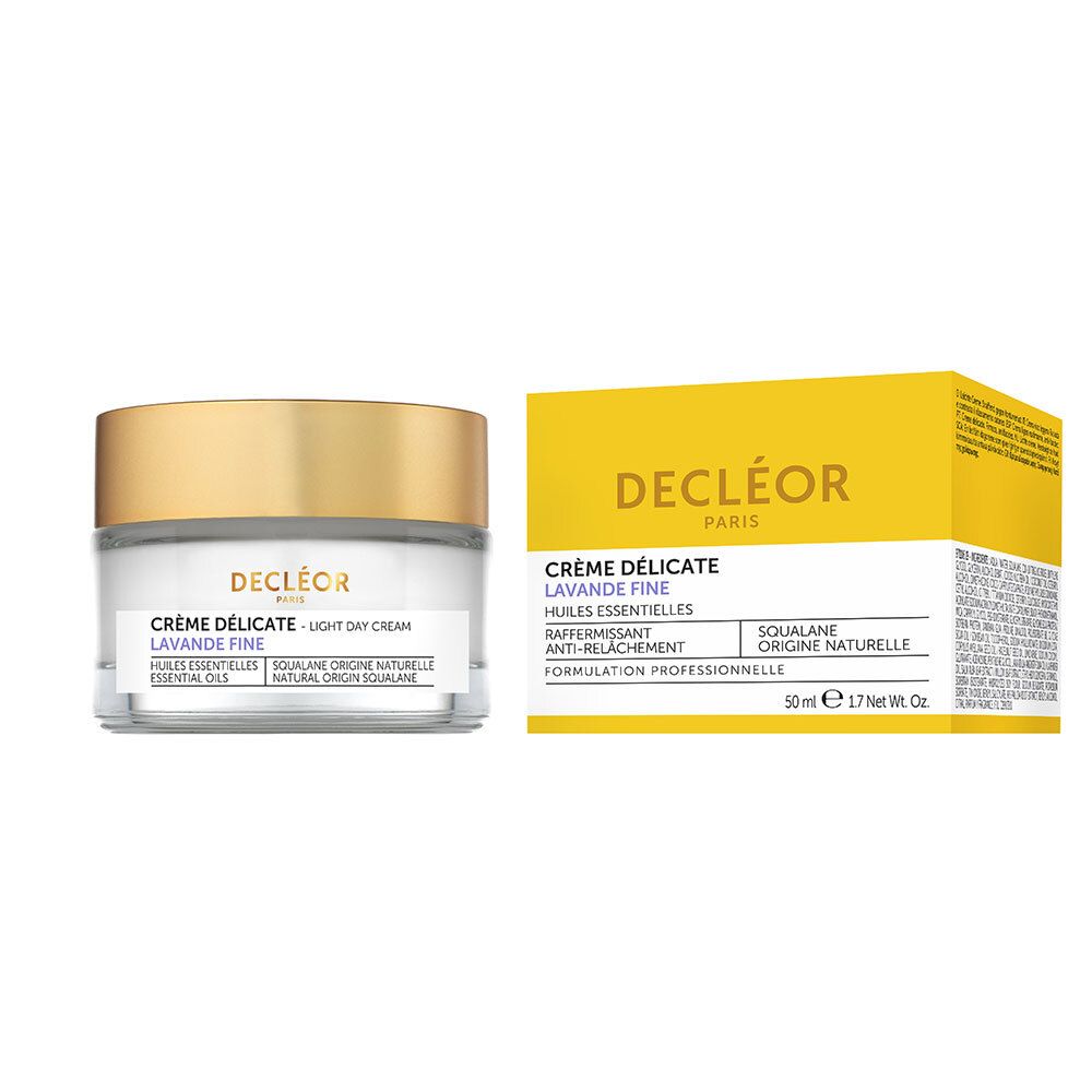 Pot de crème et boîte. Inscription : Crème Délicate Lavande Fine, Light Day Cream. Boîte jaune.