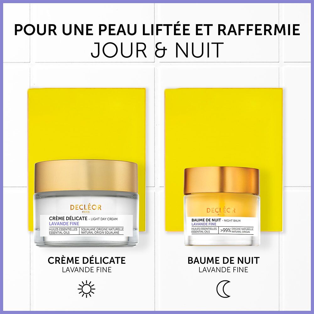 Crème Délicate et Baume de Nuit. Inscription : Crème Délicate Lavande Fine et Baume de Nuit Lavande Fine.