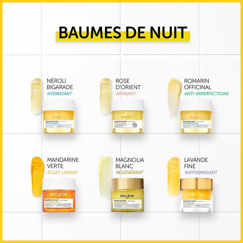 Six pots de baume. Inscription: Baume de Nuit. Différents parfums. Fond jaune.