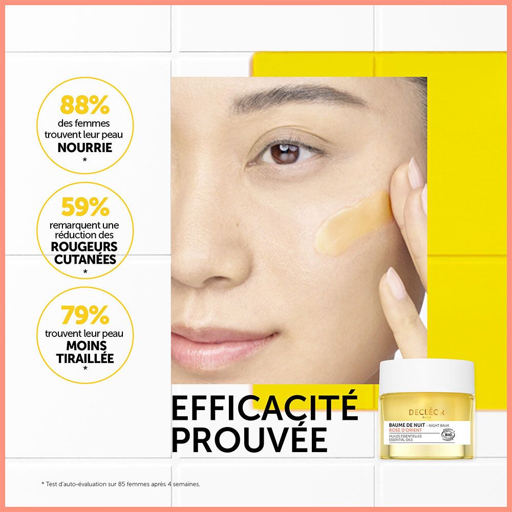 Femme avec baume sur la peau. Texte: Efficacité prouvée. Produit: Baume de Nuit.