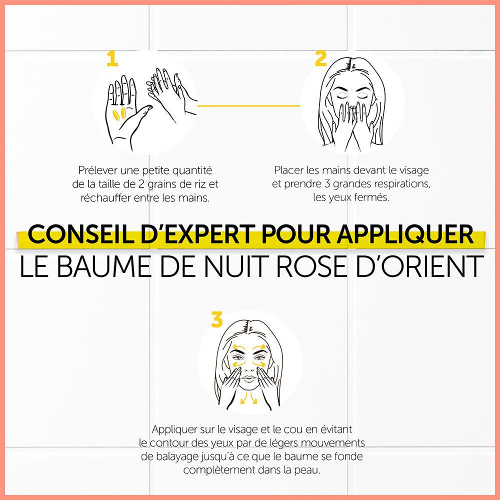 Étapes d'application du baume. Texte: Conseil d'expert pour appliquer le Baume de Nuit Rose d'Orient.