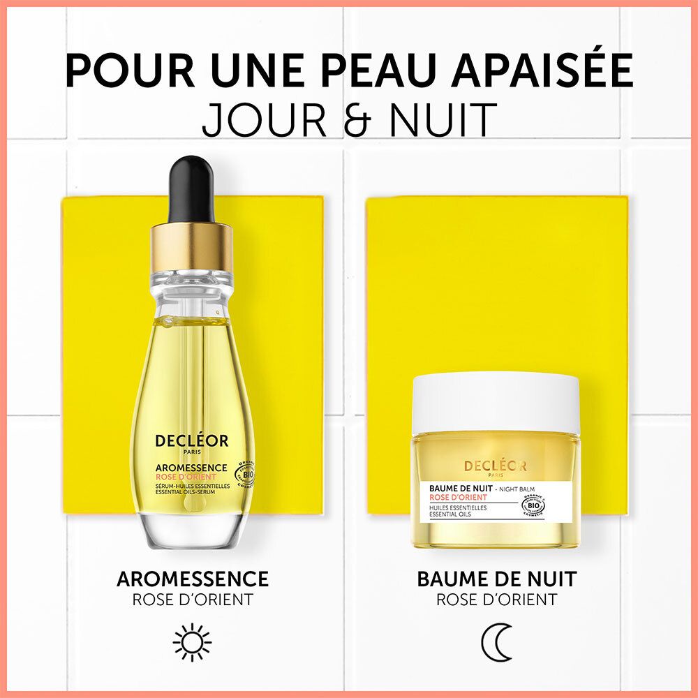 Aromessence et Baume de Nuit. Texte: Pour une peau apaisée jour & nuit.