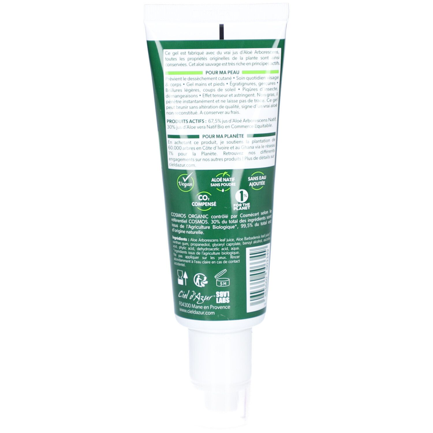 Dos du tube vert. Texte: CIEL D'AZUR, informations produit, certification Bio, compensation CO2.