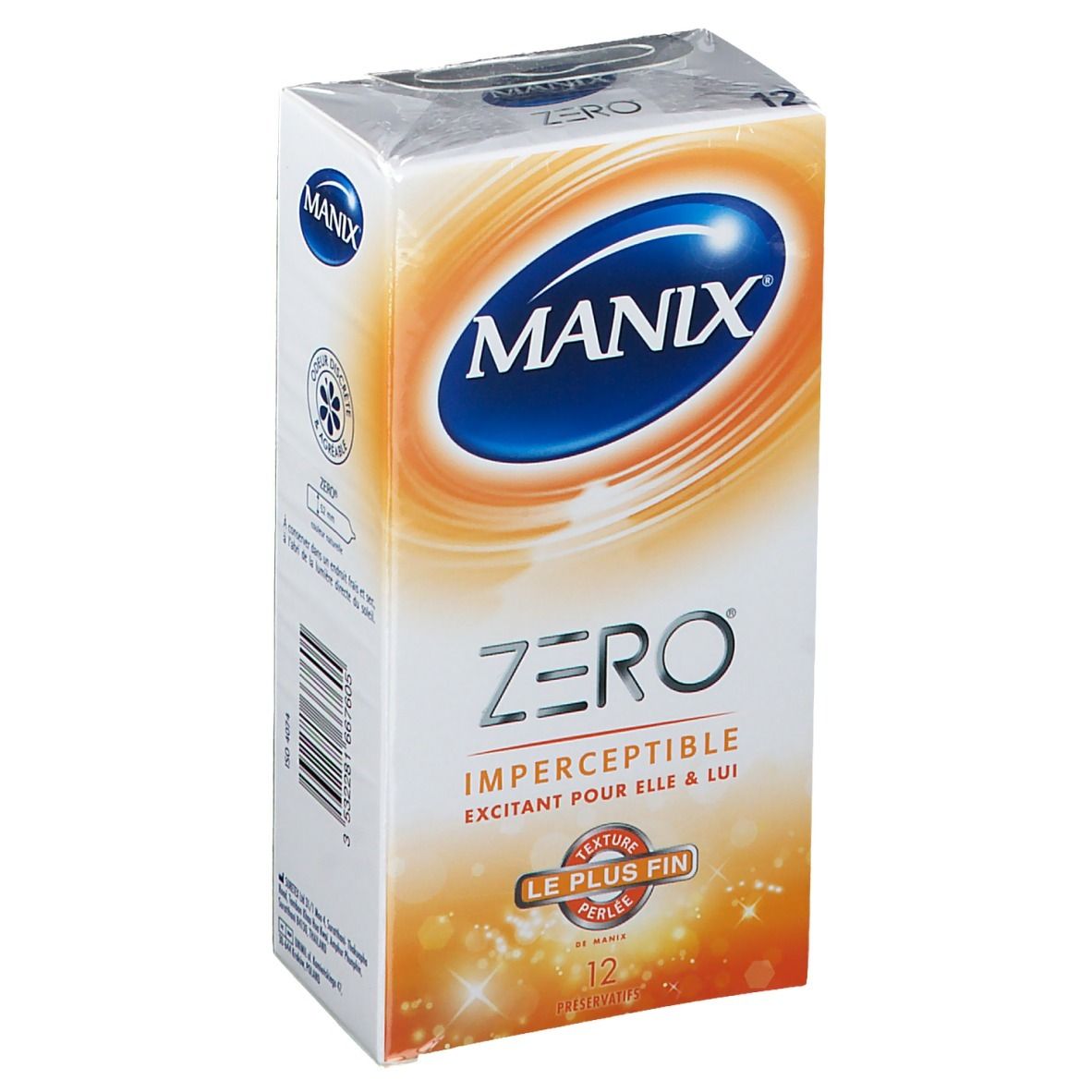 Boîte de préservatifs MANIX ZERO, 12 unités. Inscription: Imperceptible, Le plus fin.