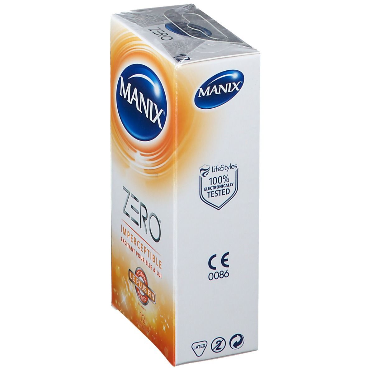 Boîte de préservatifs MANIX ZERO. Inscription: Imperceptible. Avec marquage CE.