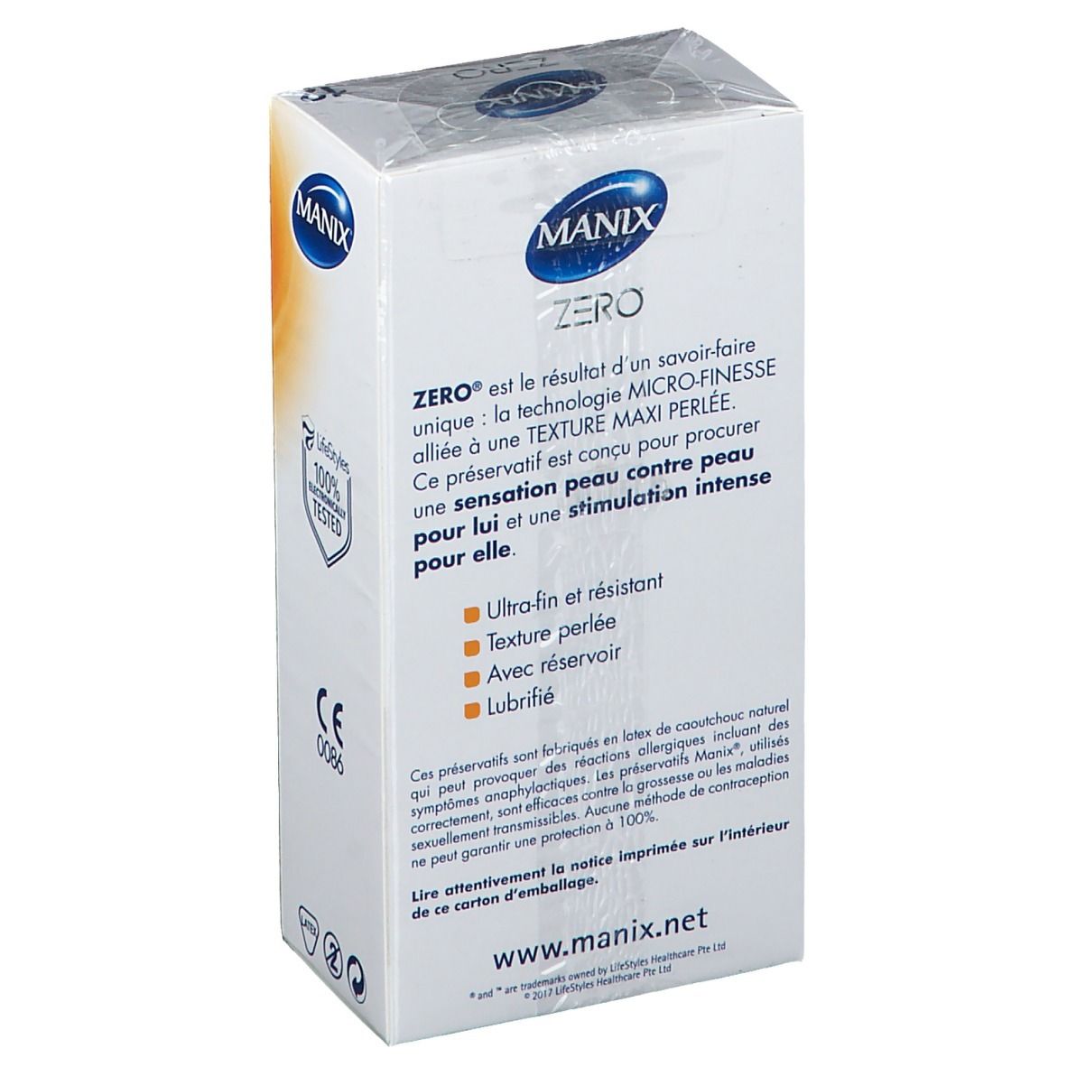 Dos de la boîte de préservatifs MANIX ZERO. Texte: Micro-Finesse, Texture Maxi Perlée.