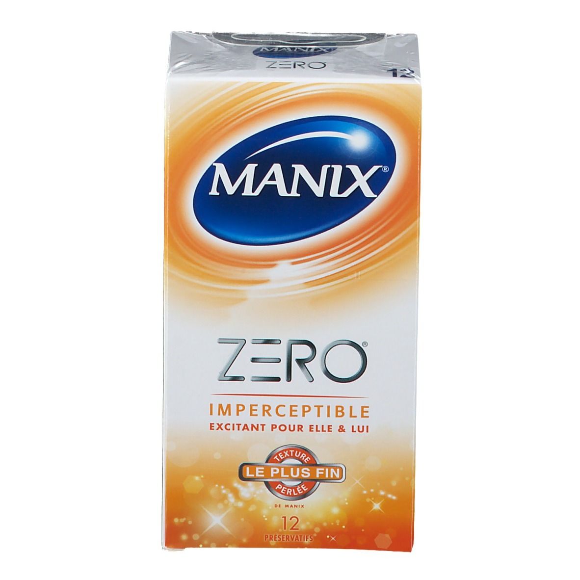 Boîte de préservatifs MANIX ZERO, 12 unités. Inscription: Imperceptible, Le plus fin.