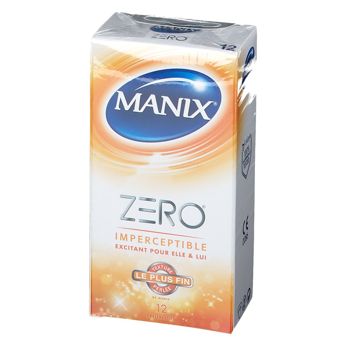 Boîte de préservatifs MANIX ZERO, 12 unités. Inscription: Imperceptible, Le plus fin.