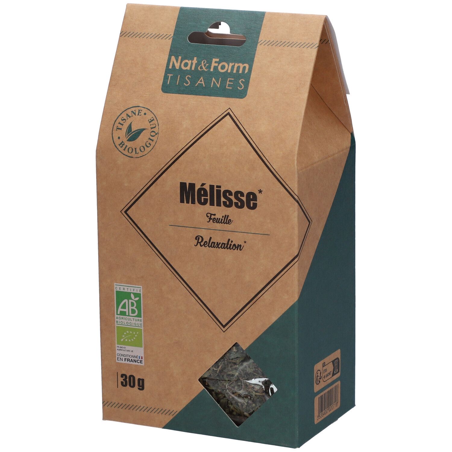 Emballage marron avec accent vert. Inscription: Mélisse, feuille, Relaxation. Label bio. Fenêtre avec herbes.