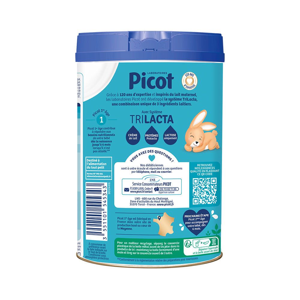 Dos de la boîte Picot 1. Texte, QR code et illustration de lapin. 800g.