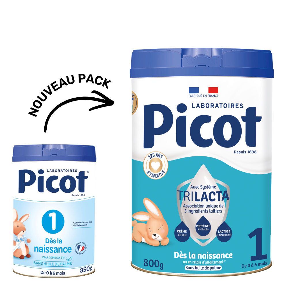 Boîte Picot 1 et petite boîte. Bleues, avec texte et logo. 800g et 850g.