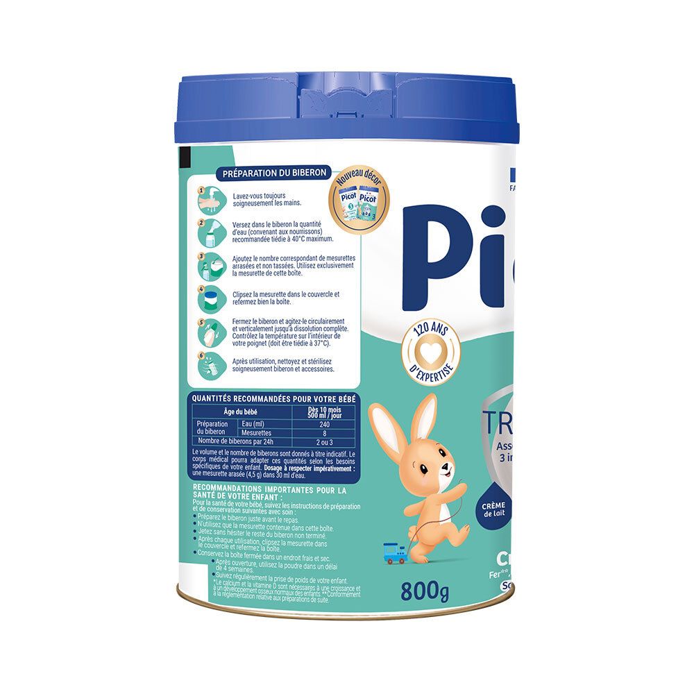 Dos de la boîte Picot 3ème âge. Instructions de préparation et de dosage. Avec illustrations.