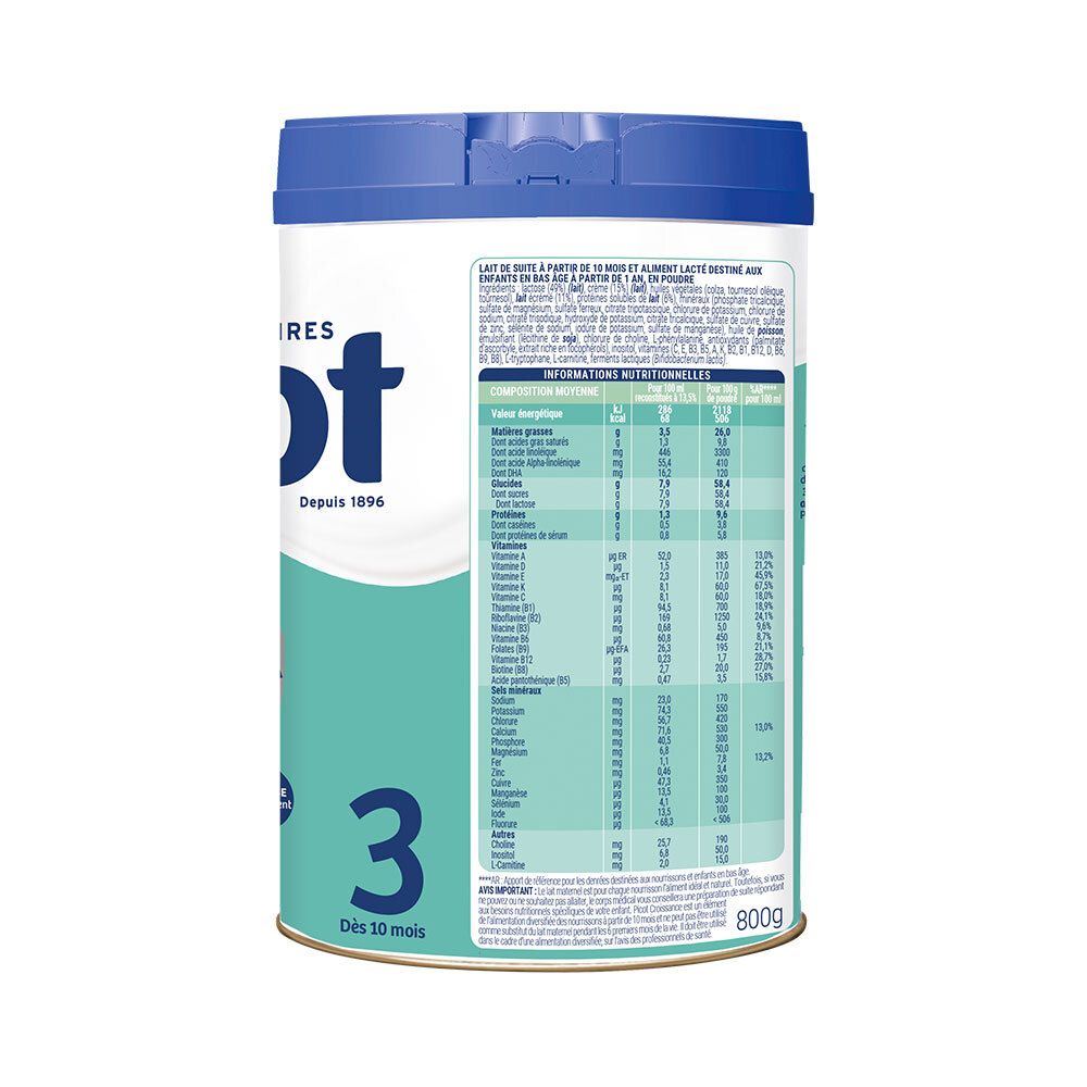 Dos de la boîte Picot 3ème âge. Informations nutritionnelles et ingrédients. Avec tableaux.