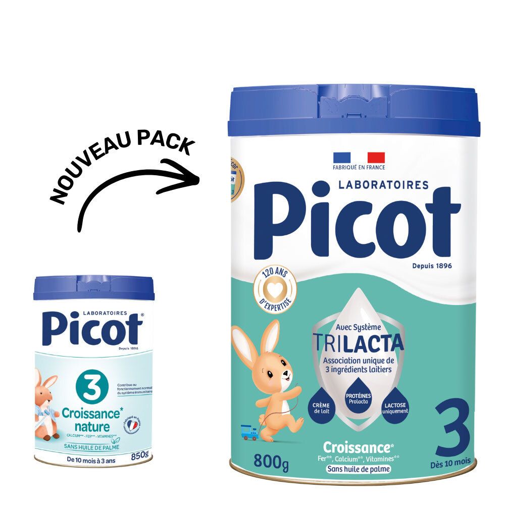 Deux boîtes Picot 3ème âge. Une grande et une petite. Inscriptions : « 3 », « 800g », « Trilacta ».