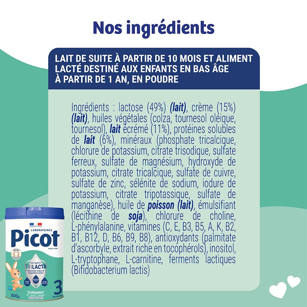 Picot 3ème âge : liste des ingrédients détaillant les composants tels que lactose et protéines.