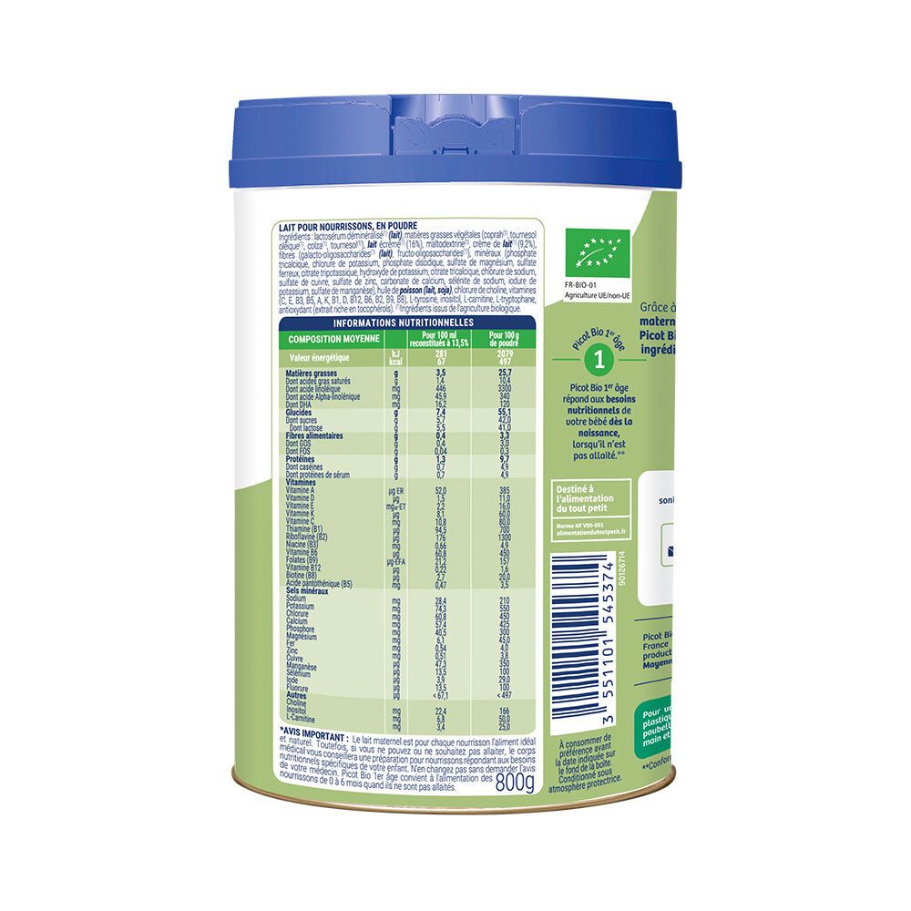 Dos de la boîte de lait infantile. Informations nutritionnelles et liste des ingrédients. Logo bio. 800g.