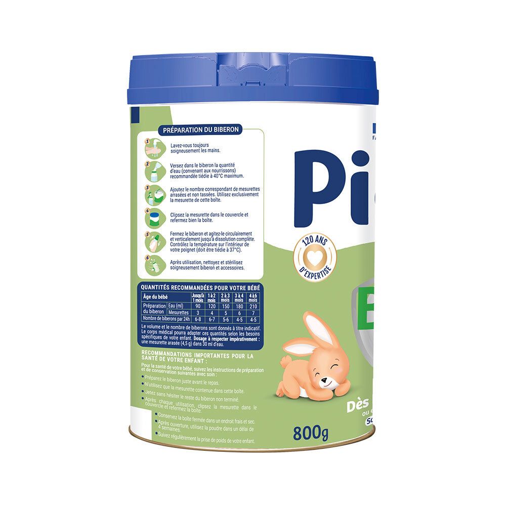 Dos de la boîte de lait infantile. Instructions de préparation. Tableau de dosage. Illustration lapin. 800g.