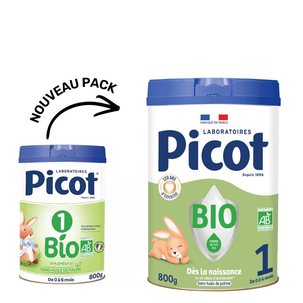 Comparaison de deux boîtes de lait infantile. Picot Bio 1, 800g. Nouveau design. Logo bio et lapin.