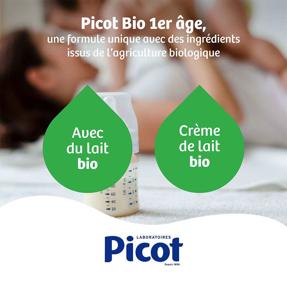 Lait en poudre Picot Bio 1er âge avec un biberon. Avec label Bio et motif lapin.
