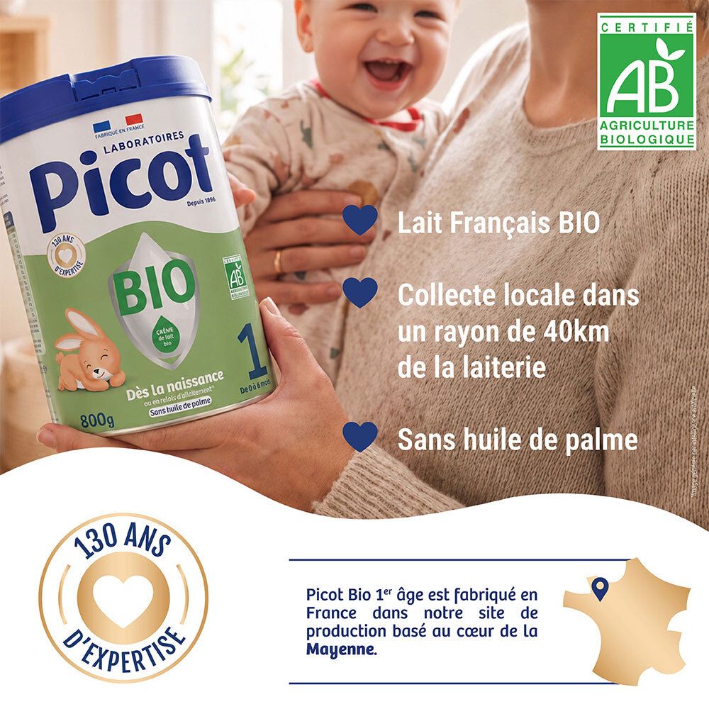 Avant d'une boîte de lait en poudre Picot Bio 1er âge, 800g. Motif lapin et label Bio.
