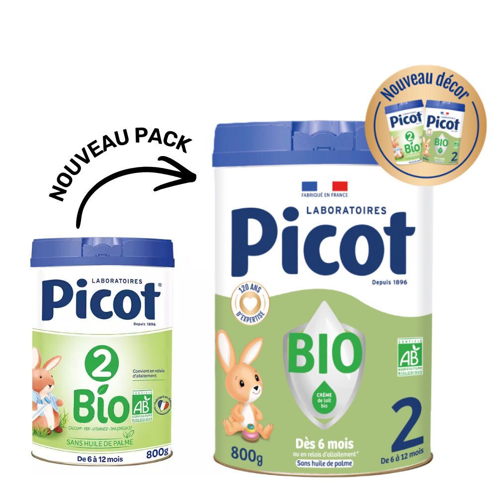 Deux boîtes Picot Bio 2ème âge, 800g. Avec logo AB, illustration lapin, texte. Avec boîte supplémentaire.