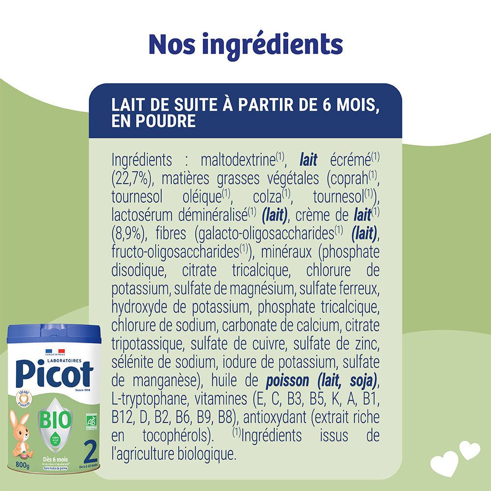 Liste des ingrédients du lait Picot Bio 2ème âge, en poudre.