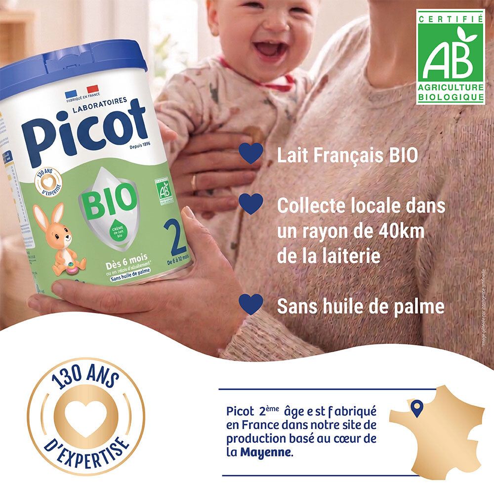 Lait Picot Bio 2ème âge tenu par une mère et son bébé, logo Bio.